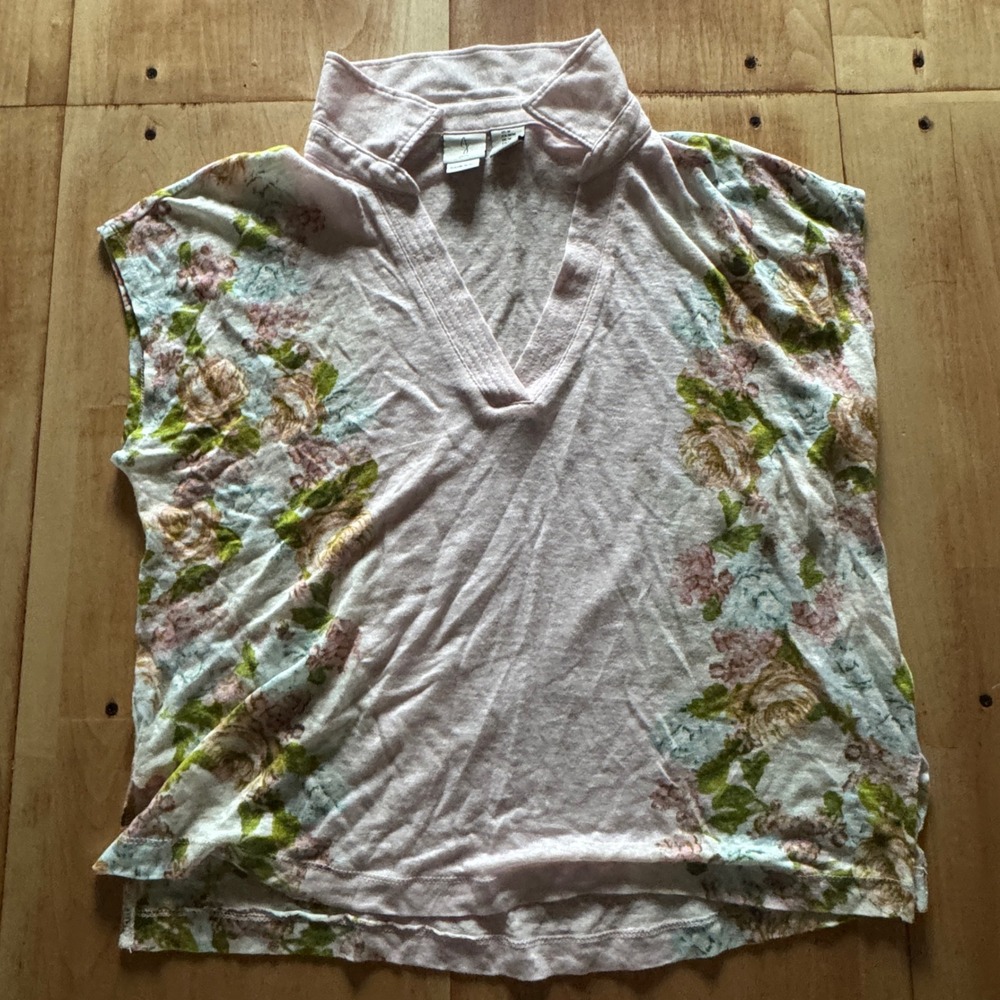 Joie Pink Floral 100% Linen V-Neck Collared Cap Sleeve Top Womens Size Medium